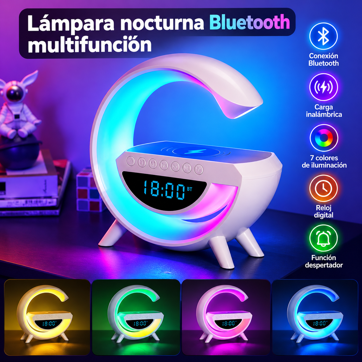 LumiG™ | Altavoz Bluetooth 4 en 1 con Luz LED, Cargador Inalámbrico y Reloj