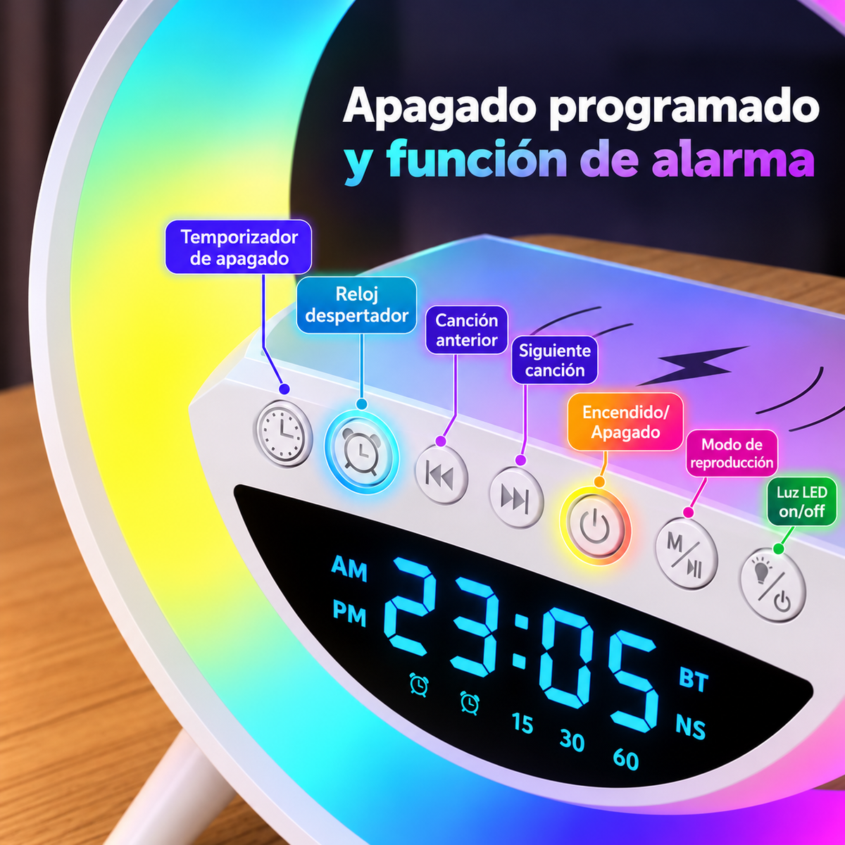 LumiG™ | Altavoz Bluetooth 4 en 1 con Luz LED, Cargador Inalámbrico y Reloj