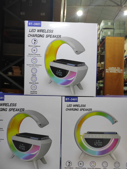LumiG™ | Altavoz Bluetooth 4 en 1 con Luz LED, Cargador Inalámbrico y Reloj