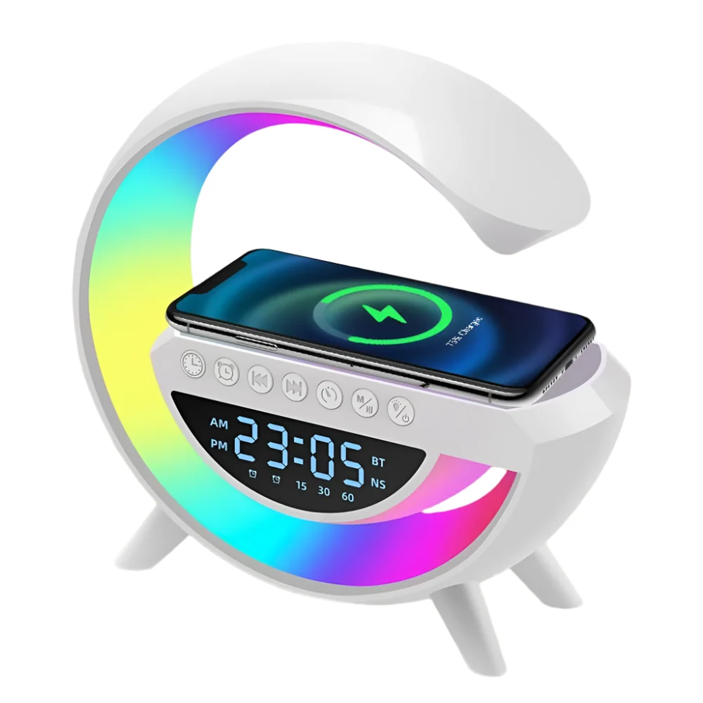 LumiG™ | Altavoz Bluetooth 4 en 1 con Luz LED, Cargador Inalámbrico y Reloj