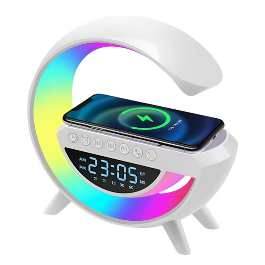 LumiG™ | Altavoz Bluetooth 4 en 1 con Luz LED, Cargador Inalámbrico y Reloj